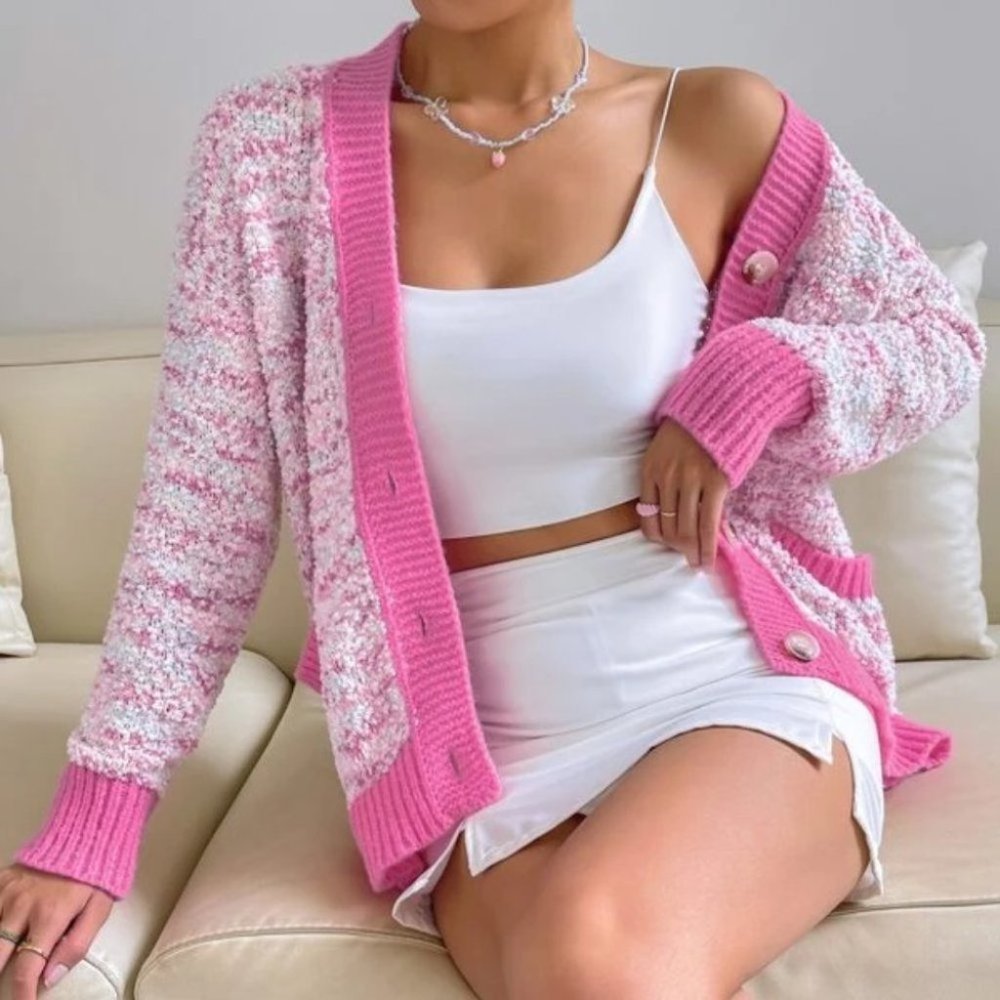 Pink Pocketed Popcorn Knit Oversized Cardigan - Picture 6 of 7